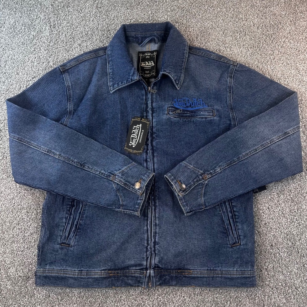 Von Dutch Denim Jacket Mens Large Blue Ribbed Zip Front Spellout Logo NWT